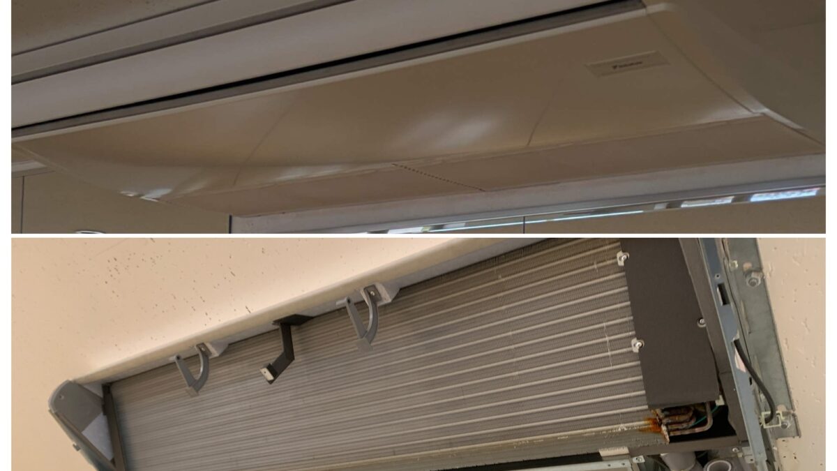 店舗や学校にも対応🧰 天吊りエアコンの清掃