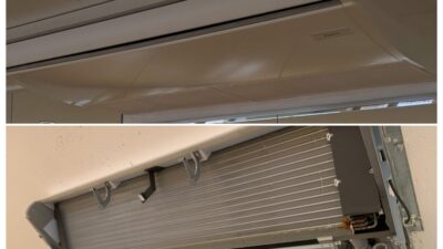 店舗や学校にも対応🧰 天吊りエアコンの清掃